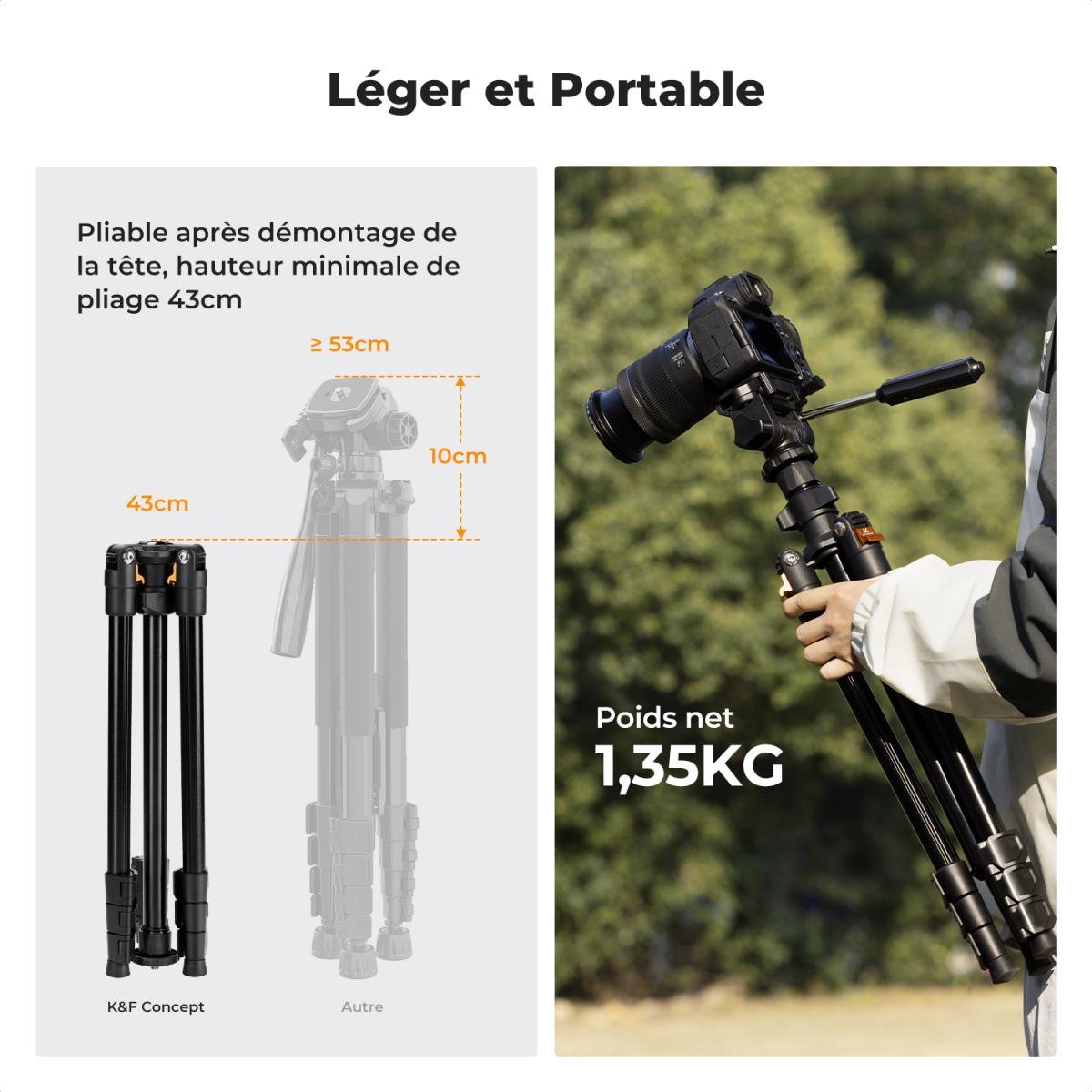 K&F Concept Trépied Appareil Photo en Aluminium SA234 - Vue de profil détaillée