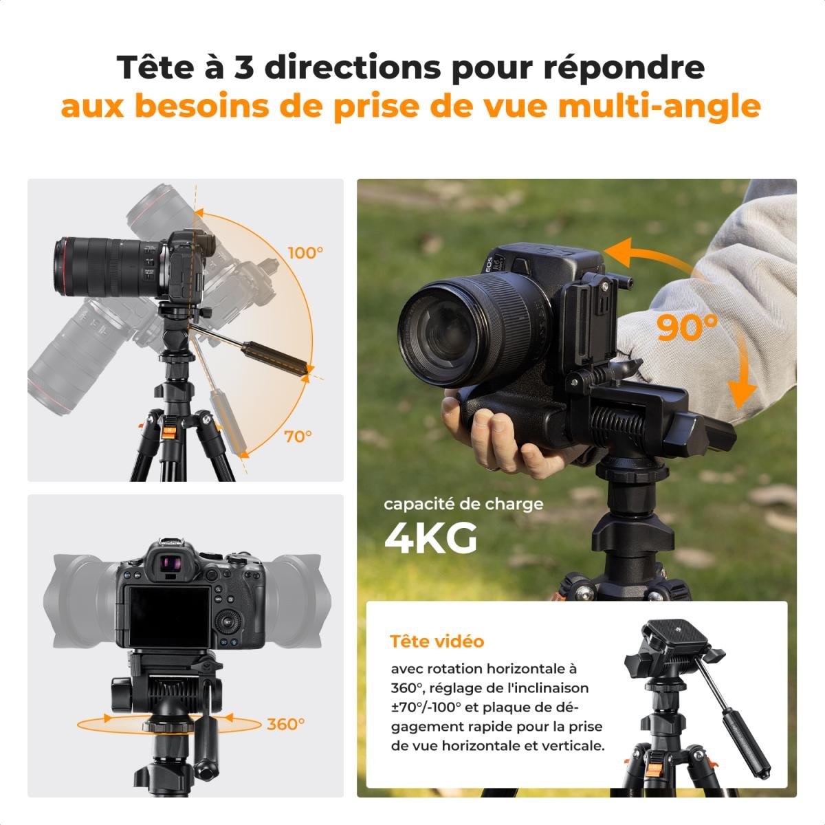 K&F Concept Trépied Appareil Photo en Aluminium SA234 - Vue ergonomie & commandes