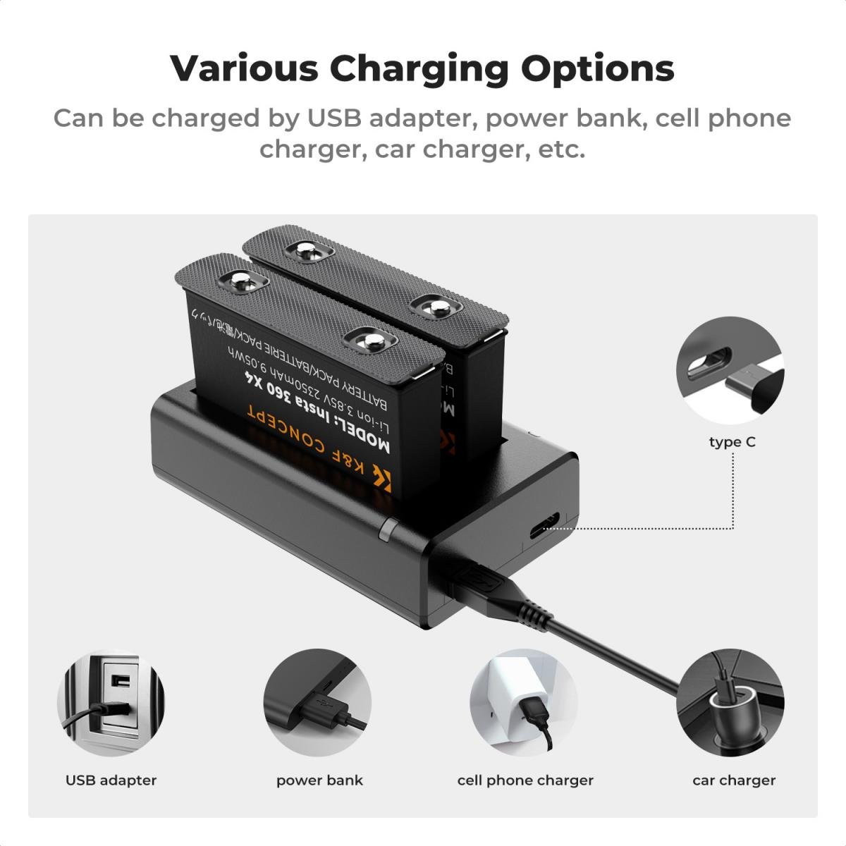 K&amp;F Concept Chargeur hub et 2 batteries KIT pour Insta360X4 4