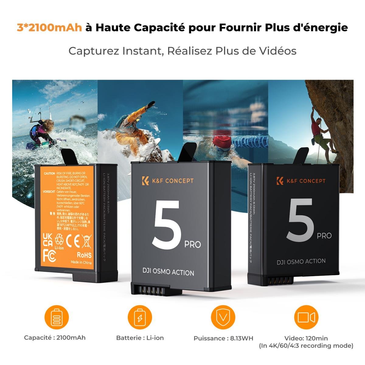 K&amp;F Concept Chargeur hub et 3 batteries KIT pour Dji Osmo 360/ Action 5 PRO/Action 4/ Action 6 3