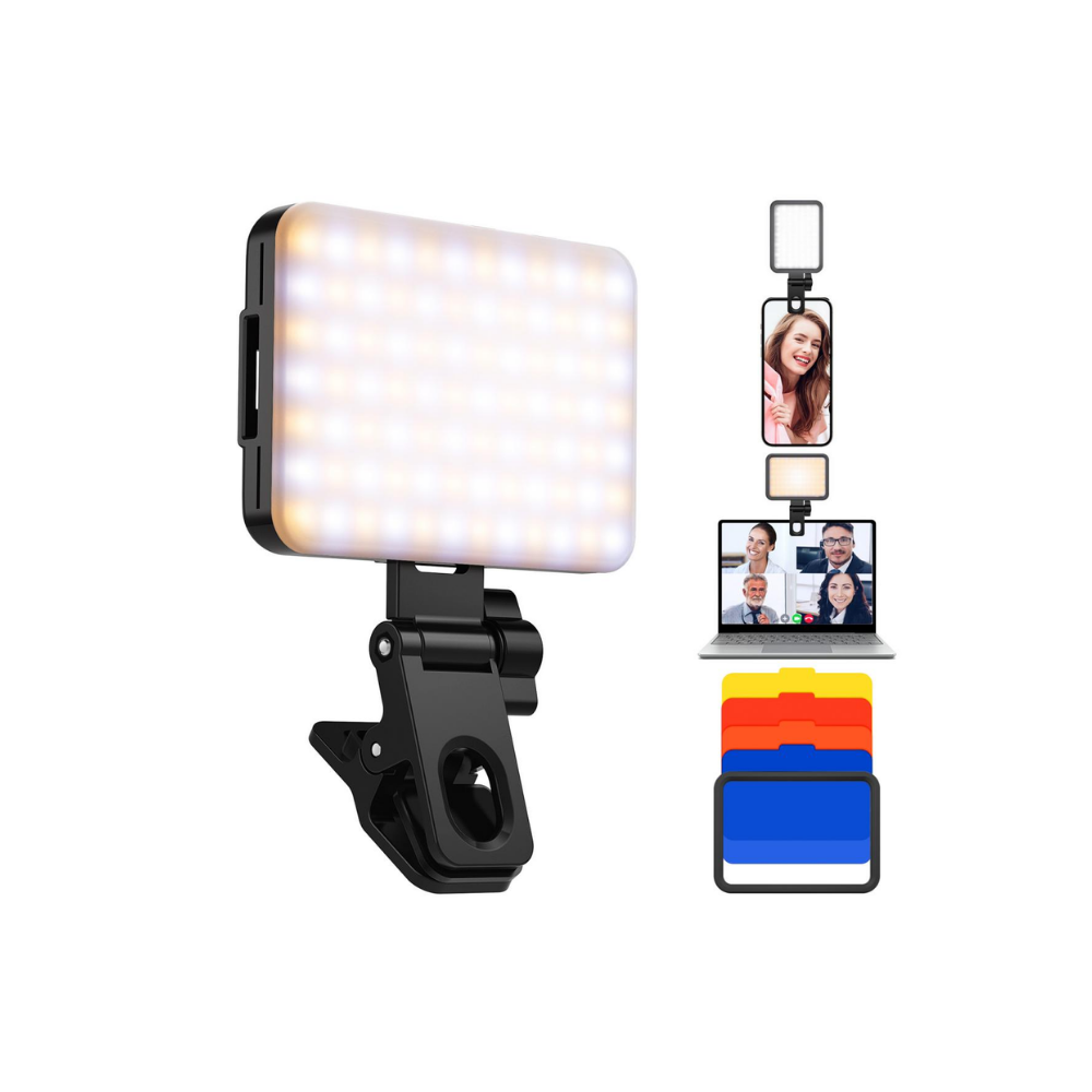 Lampe vidéo LED portable à pince avec batterie rechargeable.